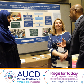 Image of three conference participants speaking in front of a research poster. AUCD Virtual Conference Register Today Learning Together Connecting Research and Lived Experience 