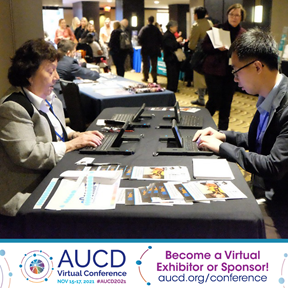 Two conference participants  communicating with another through an Assistive Technology Device AUCD Virtual Conference Become a Virtual Exhibitor or Sponsor aucd.org/confernce

Description automatically generated