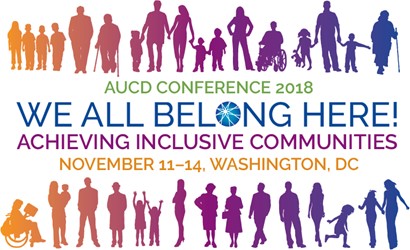 Title: Conference logo - Description: We All Belong Here! Achieving Inclusive Communities. A line of people of different ages, shapes, genders, and abilities is above and below the text, in a rainbow gradient from orange to pink to purple to blue. 